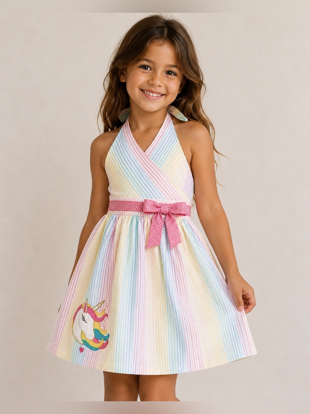 Rare Editions Girls Unicorn Seersucker Dress 4T Pastel Stripe Halter Easter